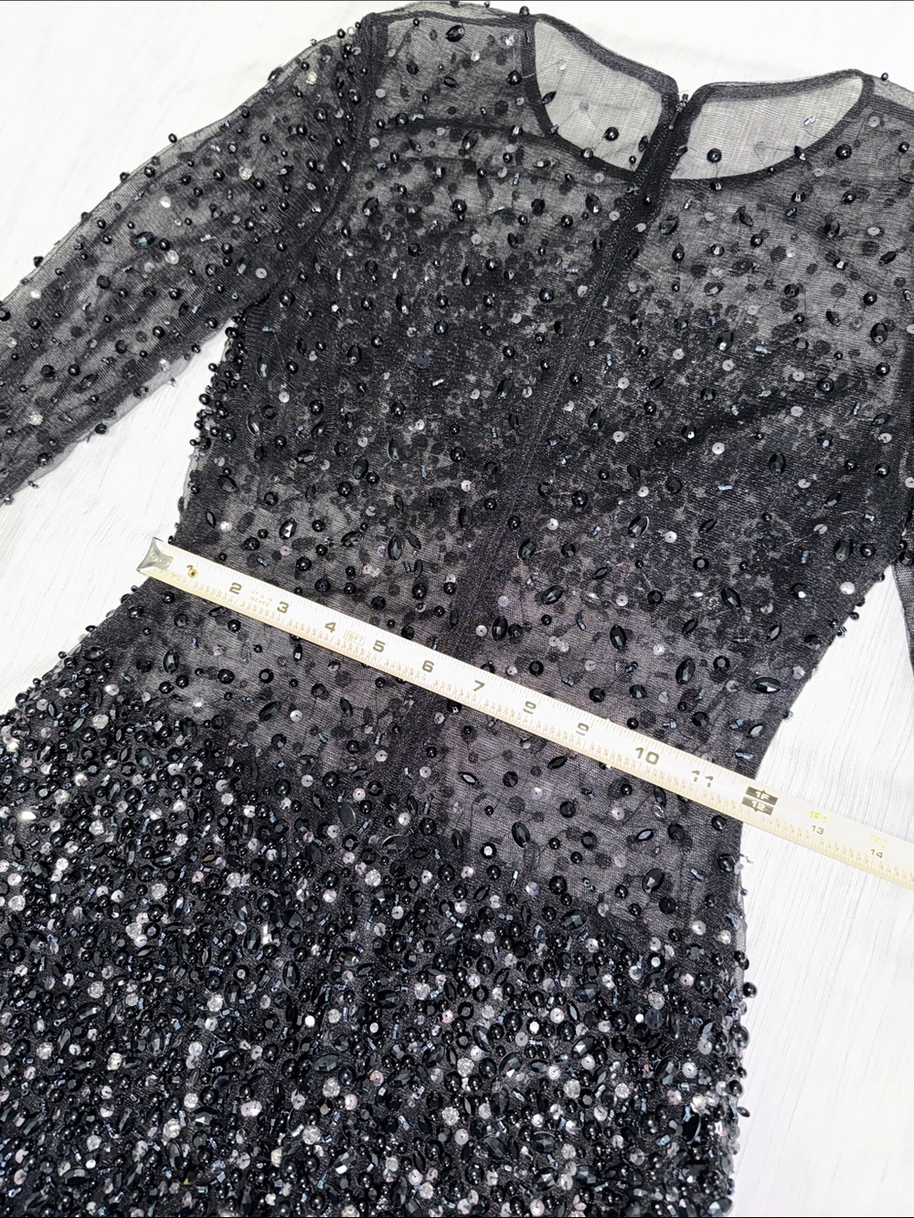 Black Beaded Sheer Mesh Long-Sleeve Mesh Mini Cocktail Dress - Picture 14 of 17